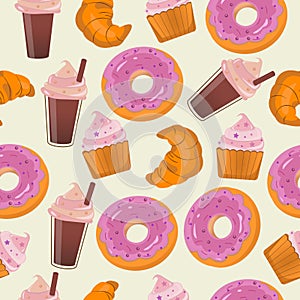 Seamless pattern with donnut, coffee, soda, croissant, muffin photo